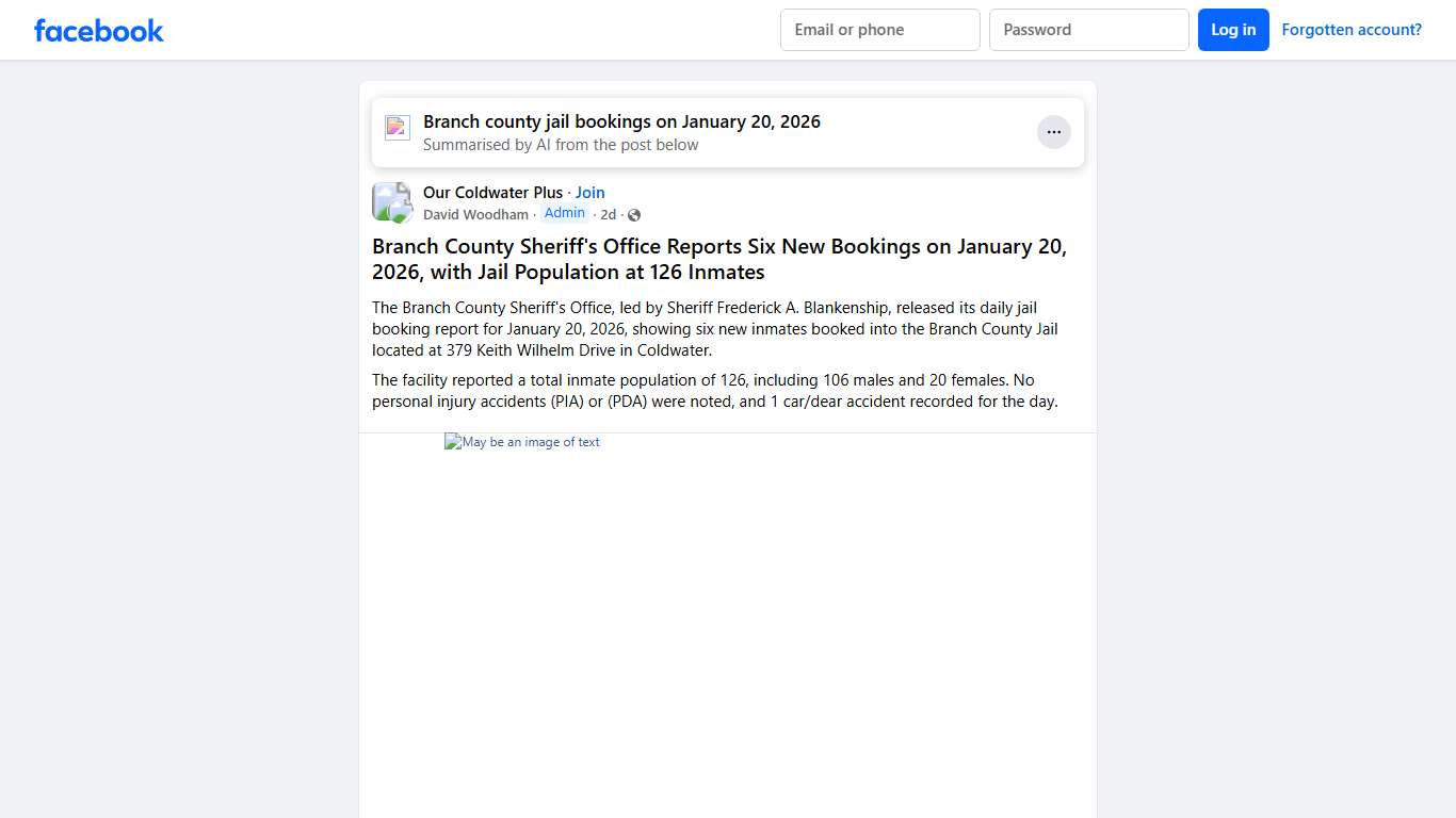 Our Coldwater Plus # **Branch County Sheriff's Office Reports Six New Bookings on January 20, 2026, with Jail Population at 126 Inmates** Facebook